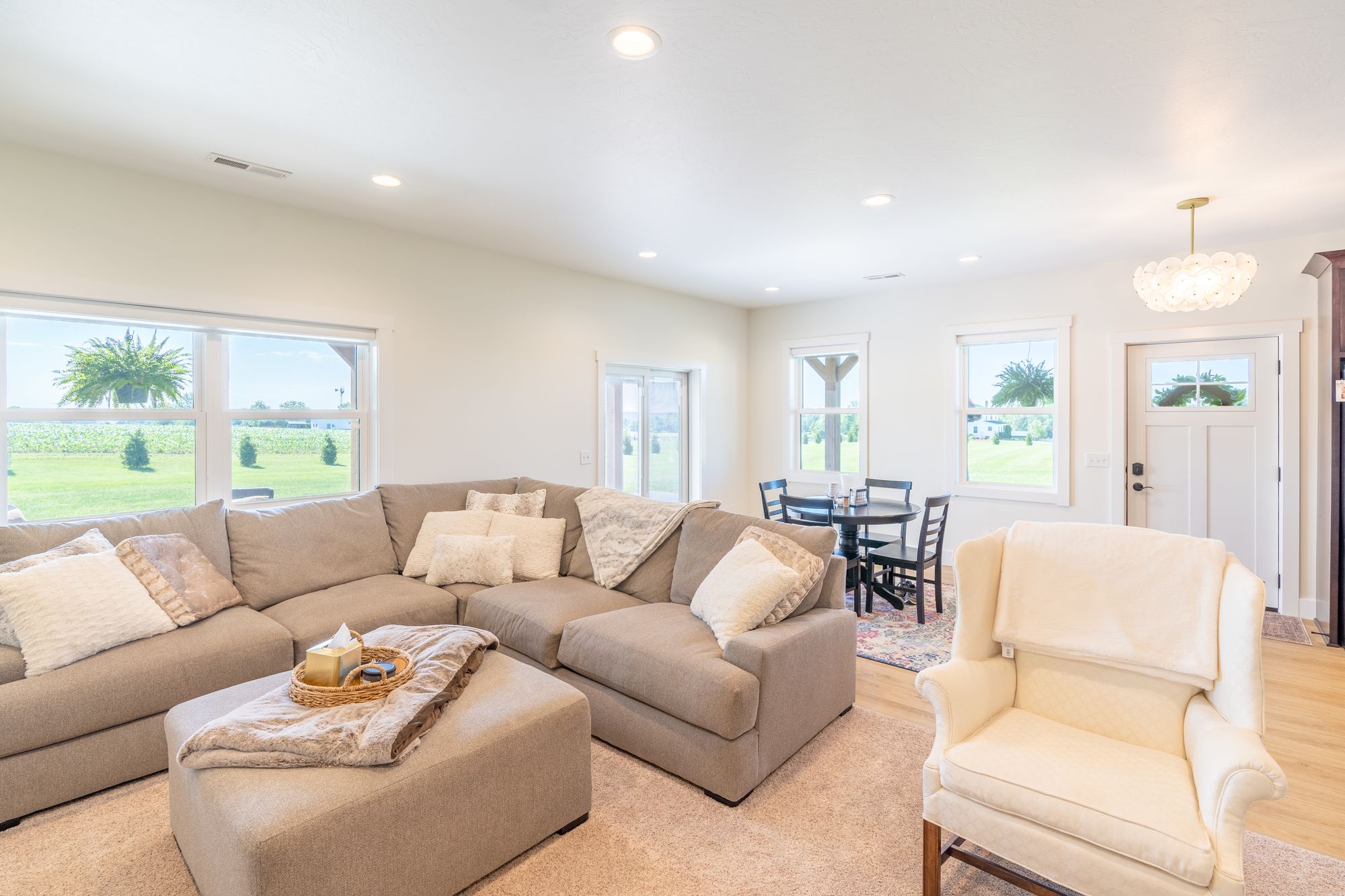 Living room with new windows and a craftsman entry door